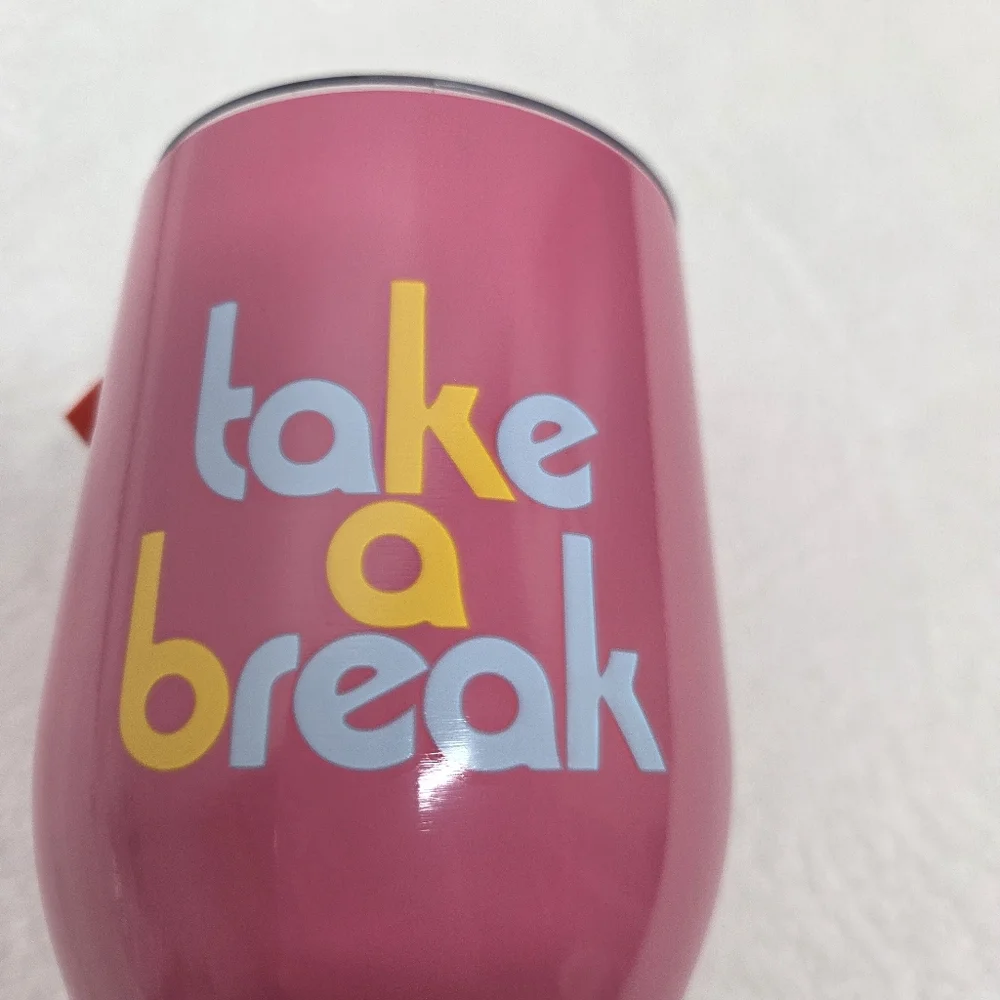 Cute Pink ban.do Stemless Wine Tumbler "Take A Break" Travel Coffee Mug NWT - Picture 6 of 7